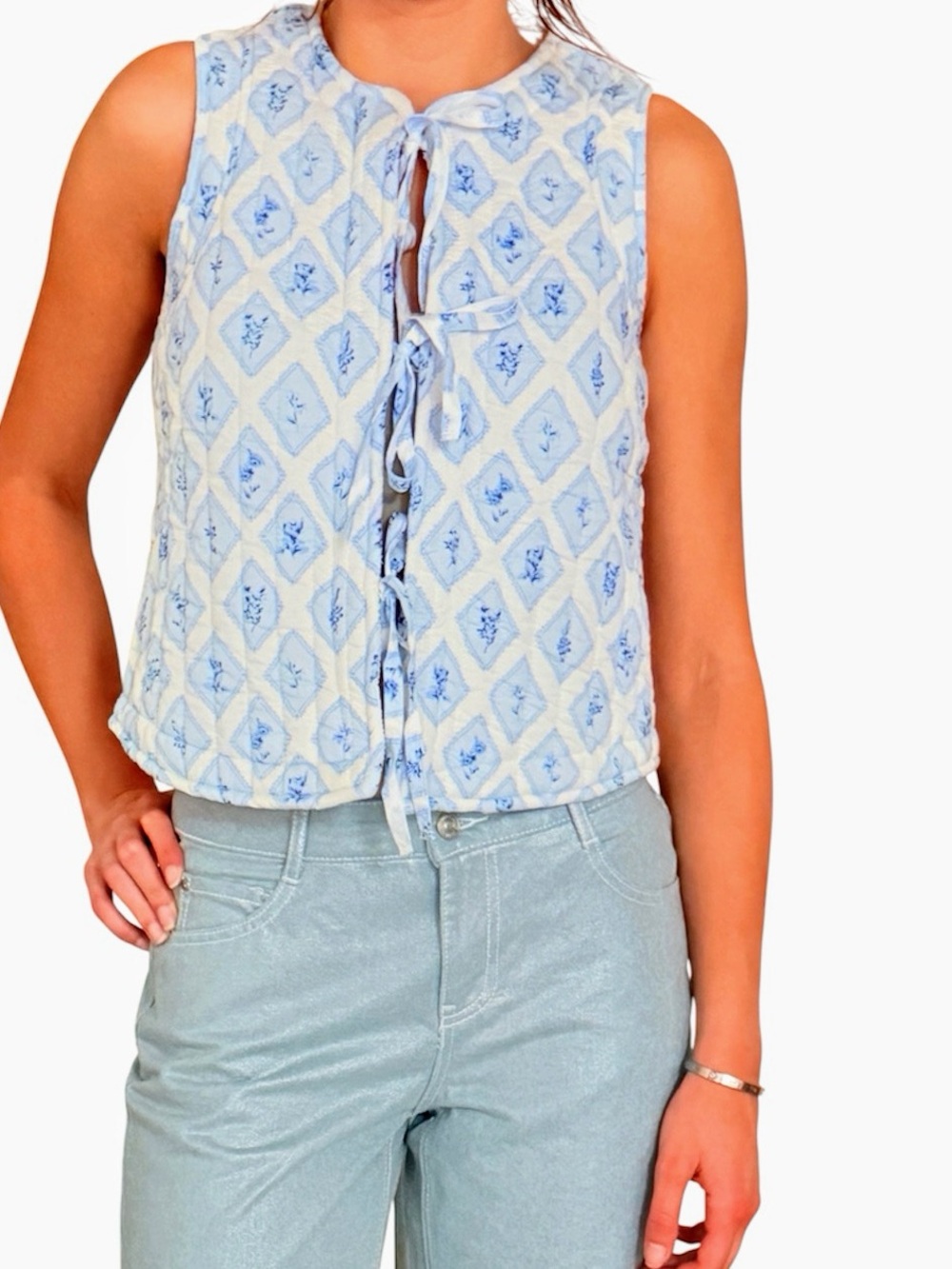 Japna Floral Quilted Tie Front Vest Cottagecore Boho 100% Cotton M